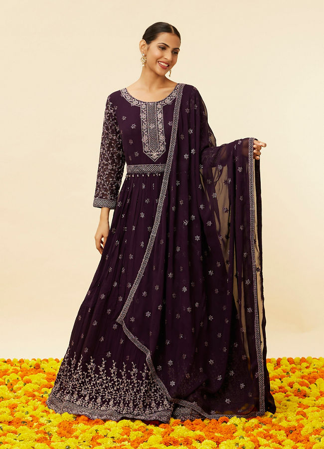 Mohey Women Wine Sequin Embroidered Anarkali Suit