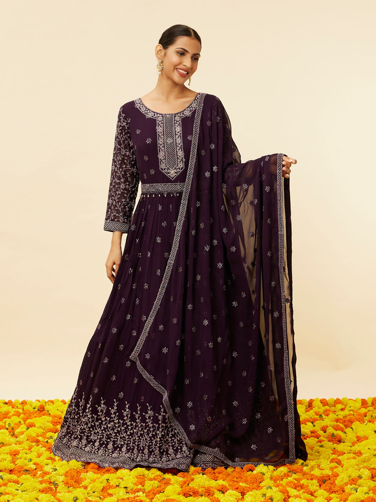 Mohey Women Wine Sequin Embroidered Anarkali Suit