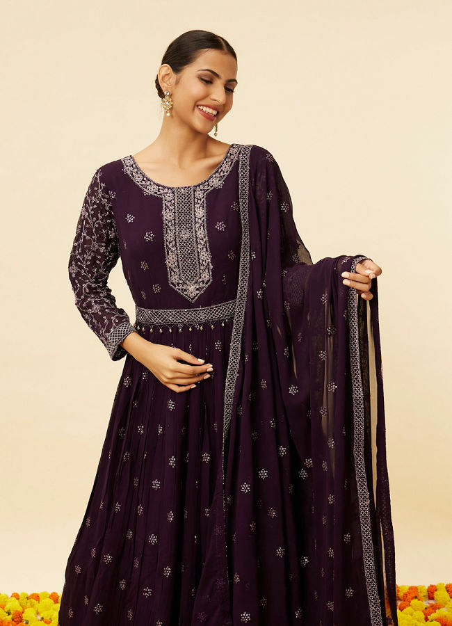 Mohey Women Wine Sequin Embroidered Anarkali Suit