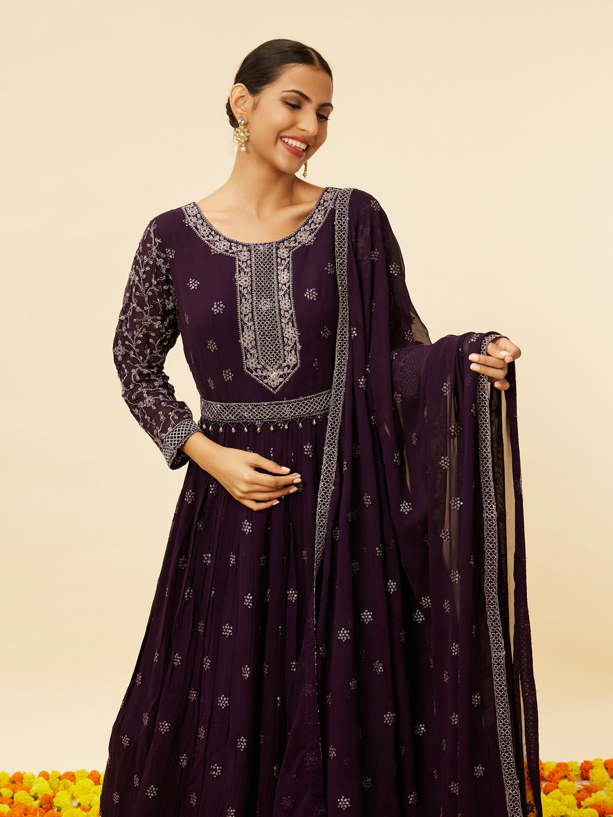 Mohey Women Wine Sequin Embroidered Anarkali Suit