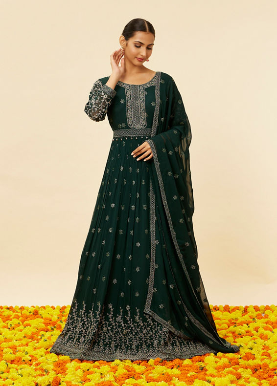 Mohey Women Fern Green Sequin Embroidered Anarkali Suit