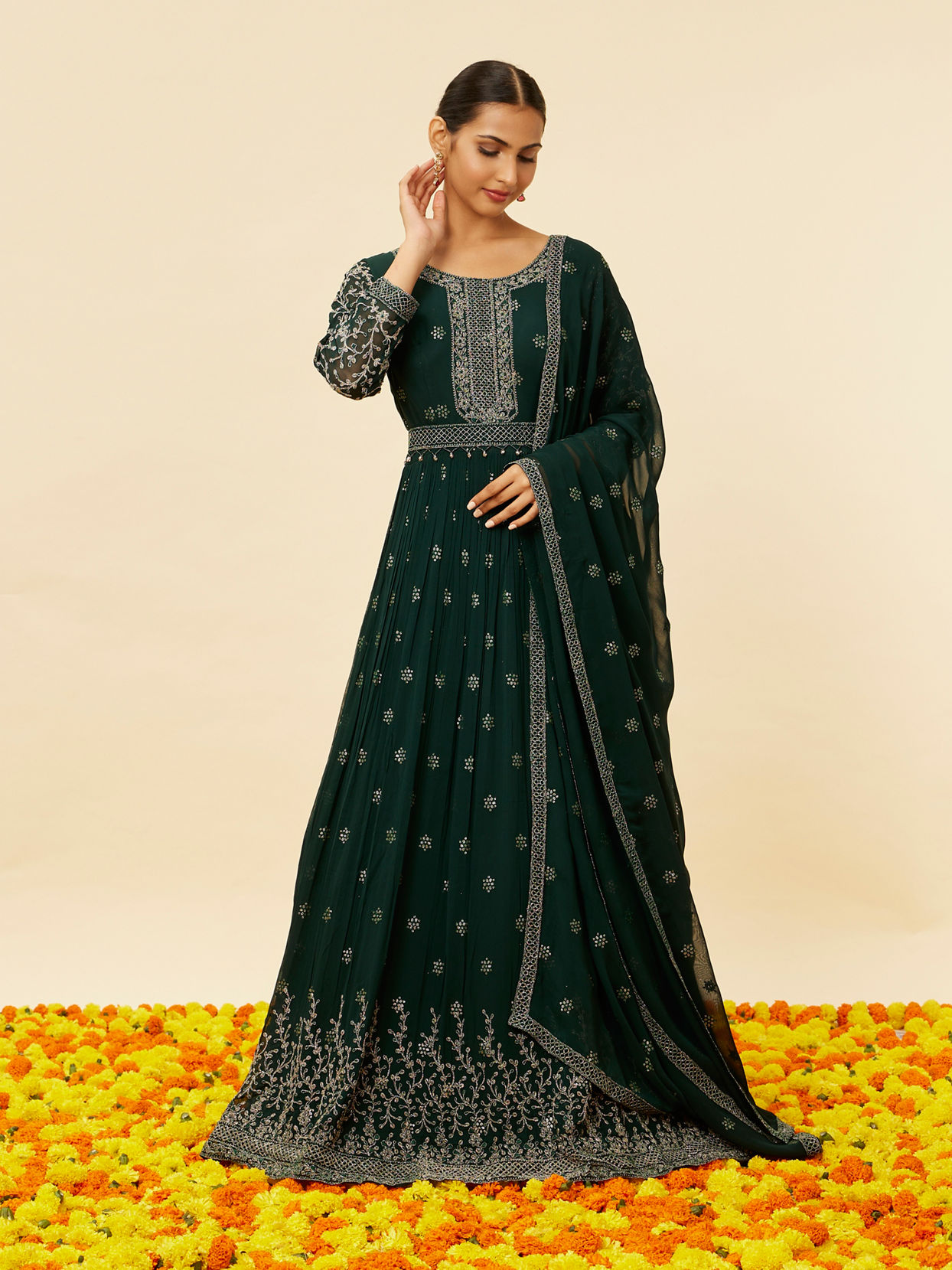 Mohey Women Fern Green Sequin Embroidered Anarkali Suit
