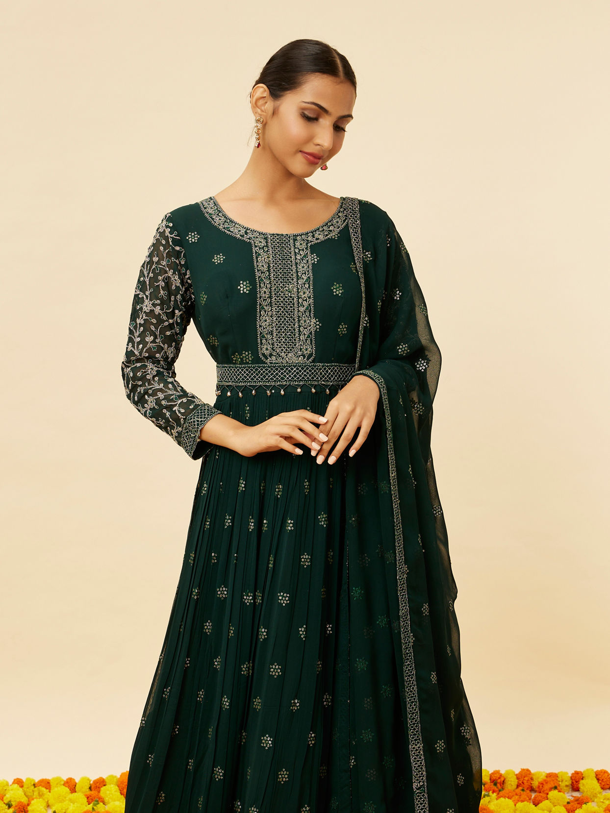 Mohey Women Fern Green Sequin Embroidered Anarkali Suit