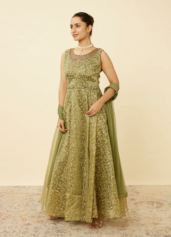 Mohey Women Pistachio Green Botanical Patterned Gown