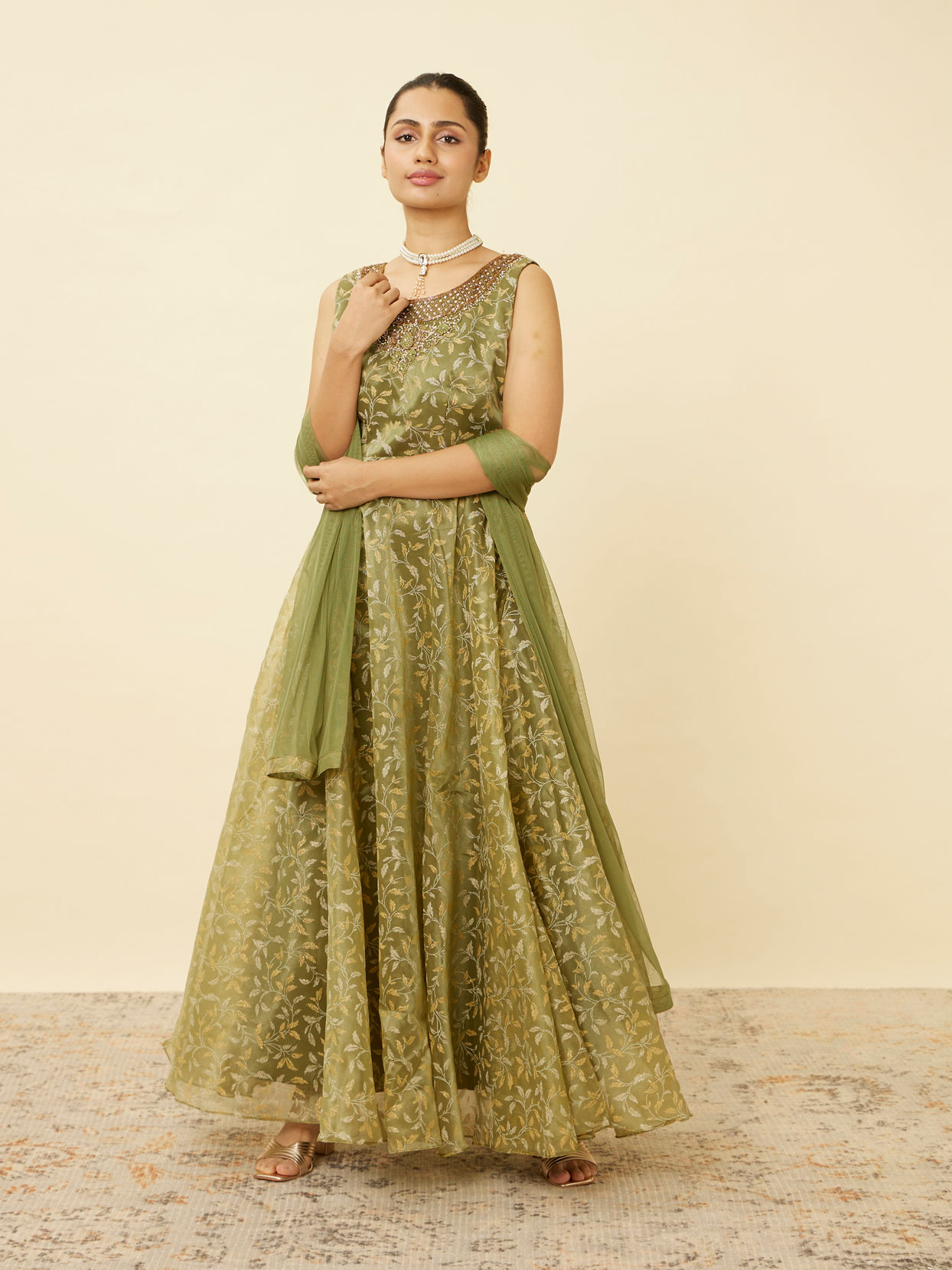 Pistachio Green Botanical Patterned Gown image number 0