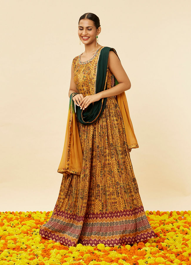 Mohey Women Mustard Yellow Abstract Print Anarkali Suit