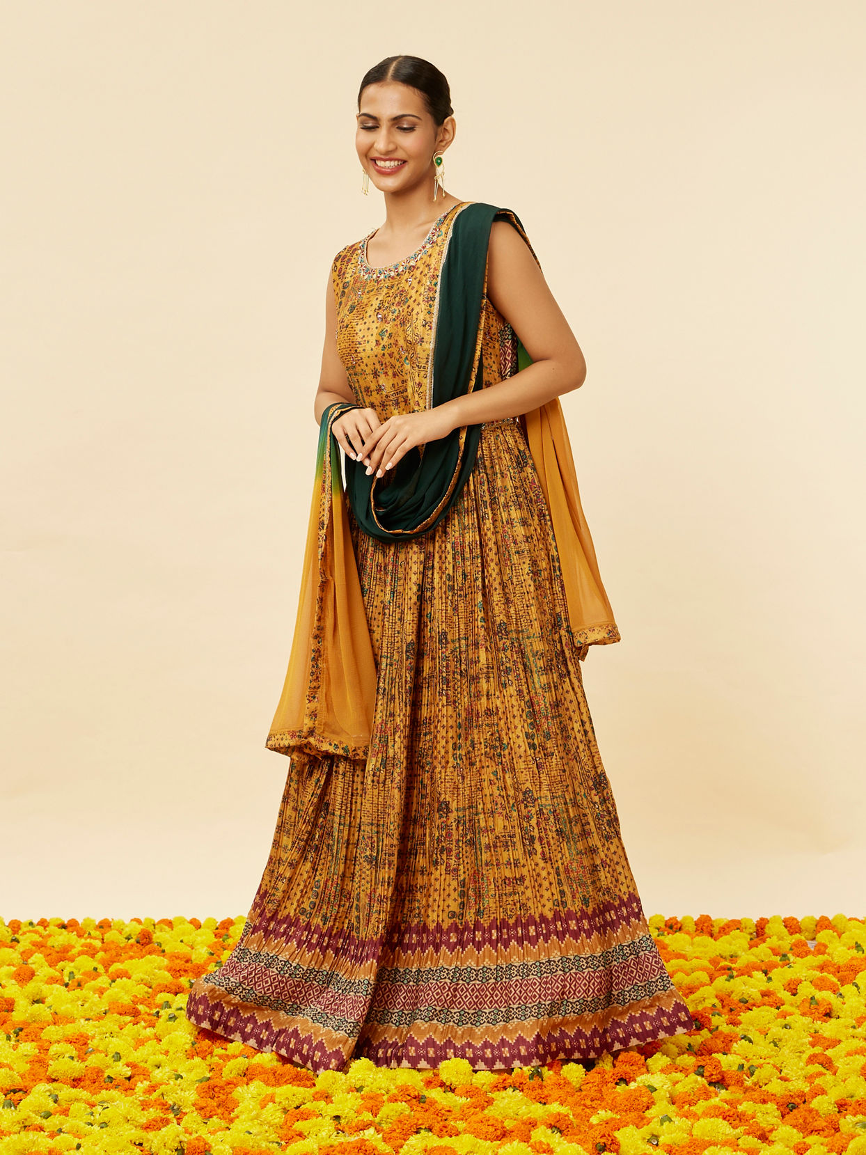 Mohey Women Mustard Yellow Abstract Print Anarkali Suit