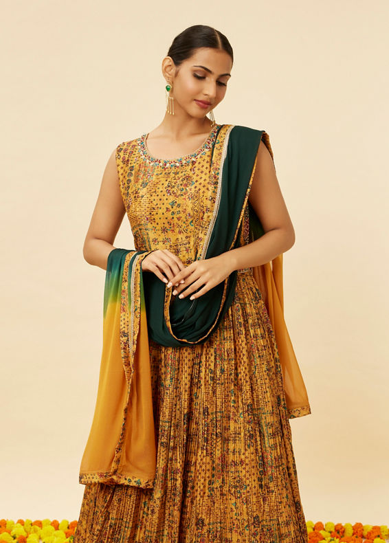 Mohey Women Mustard Yellow Abstract Print Anarkali Suit