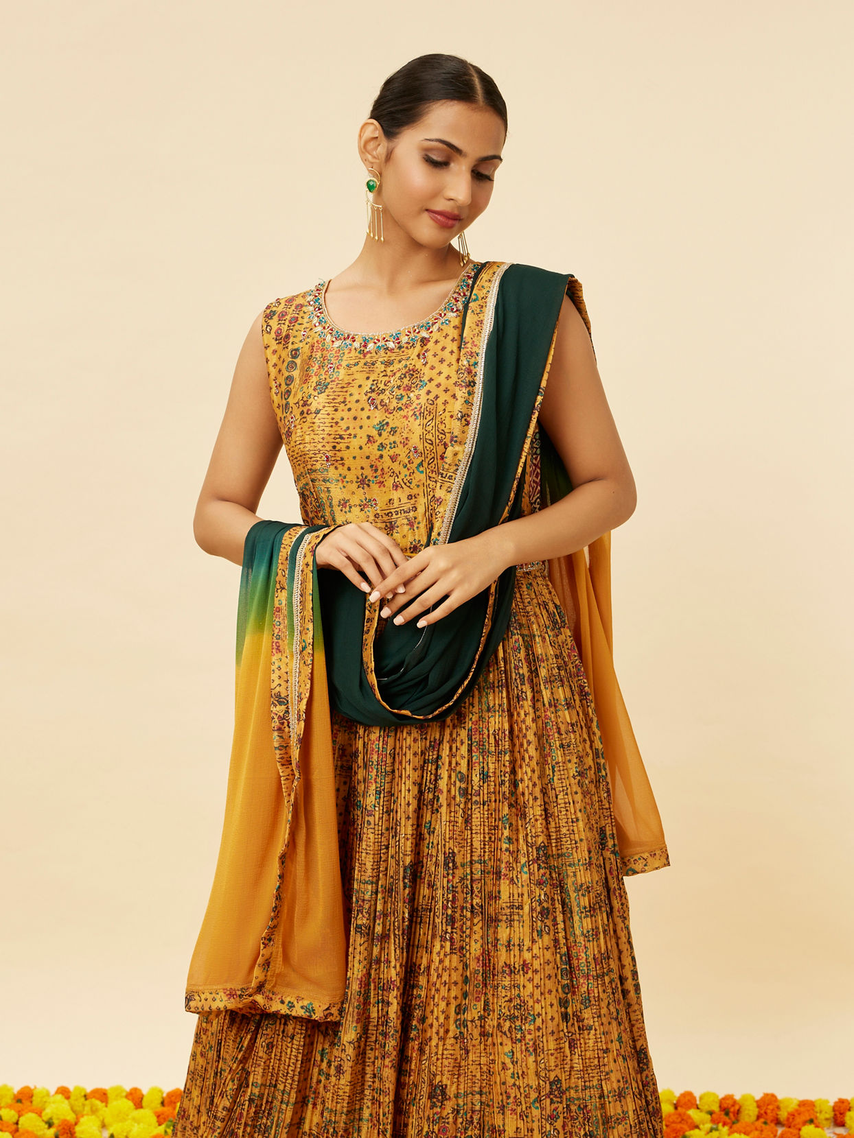 Mohey Women Mustard Yellow Abstract Print Anarkali Suit