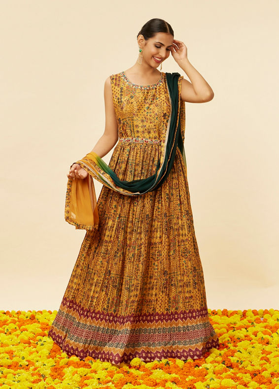 Mohey Women Mustard Yellow Abstract Print Anarkali Suit