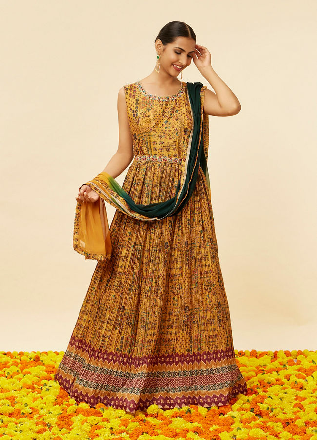 Mohey Women Mustard Yellow Abstract Print Anarkali Suit