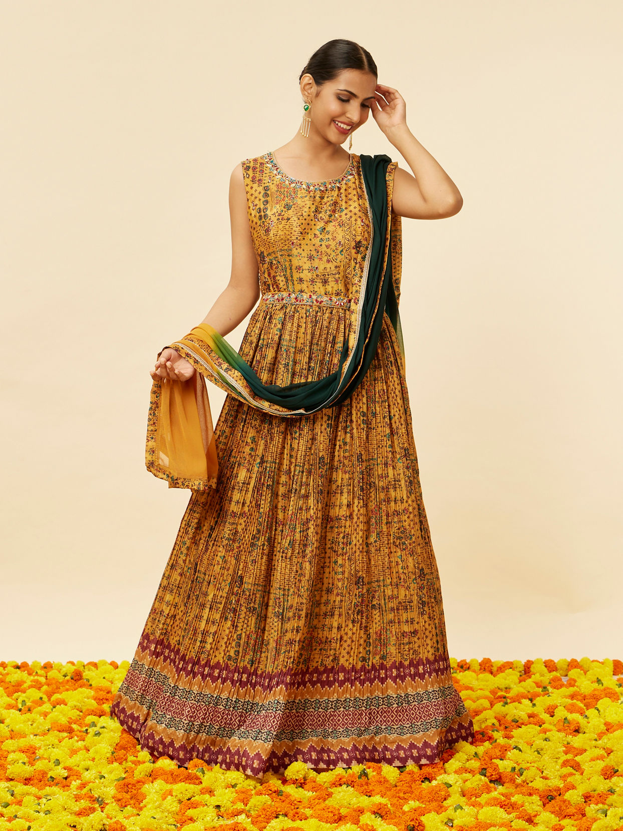 Mohey Women Mustard Yellow Abstract Print Anarkali Suit