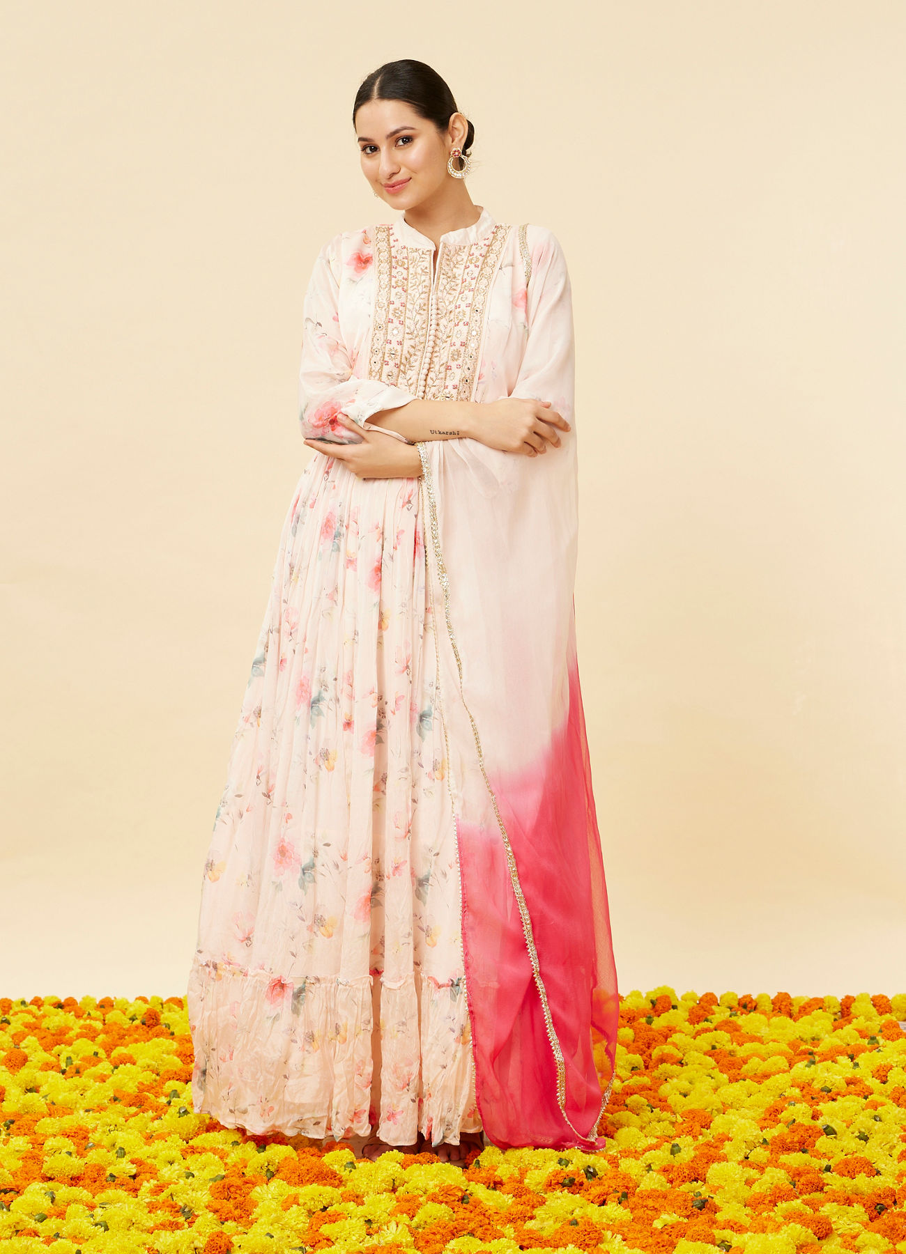 Mohey Women Rose Pink Floral Print Anarkal Suit