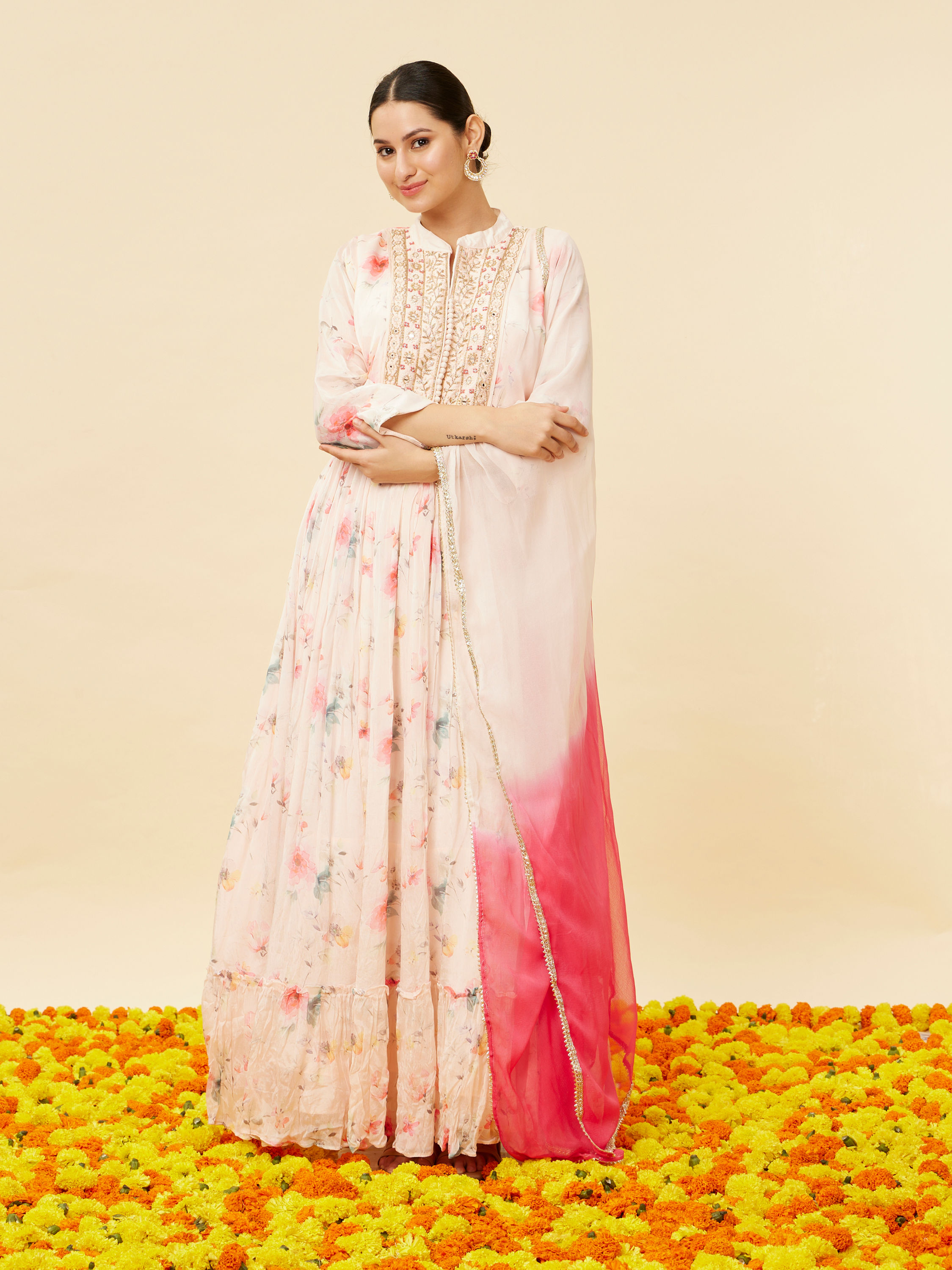 Mohey Women Rose Pink Floral Print Anarkal Suit