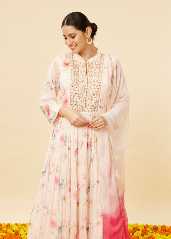 Mohey Women Rose Pink Floral Print Anarkal Suit