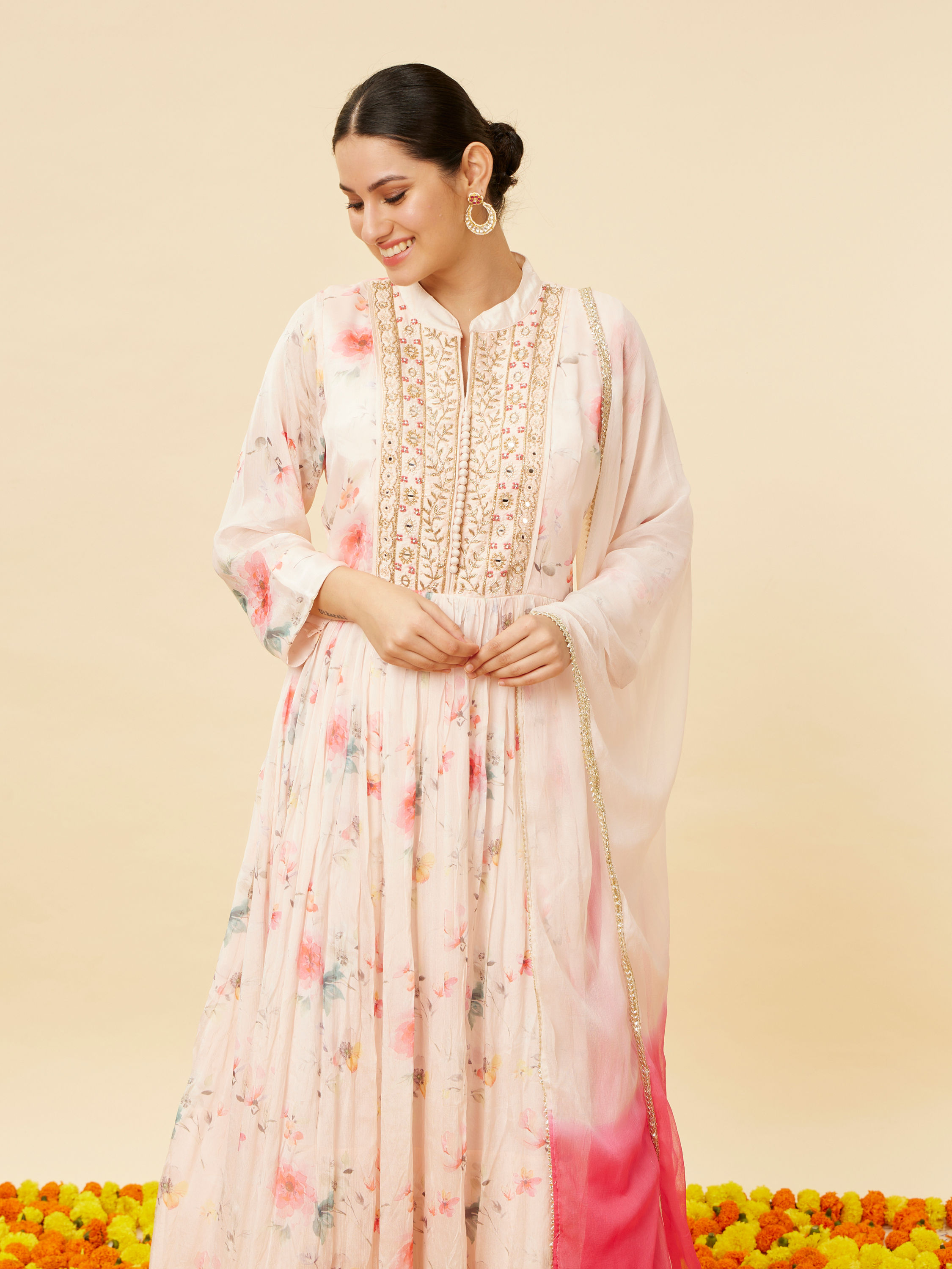 Mohey Women Rose Pink Floral Print Anarkal Suit