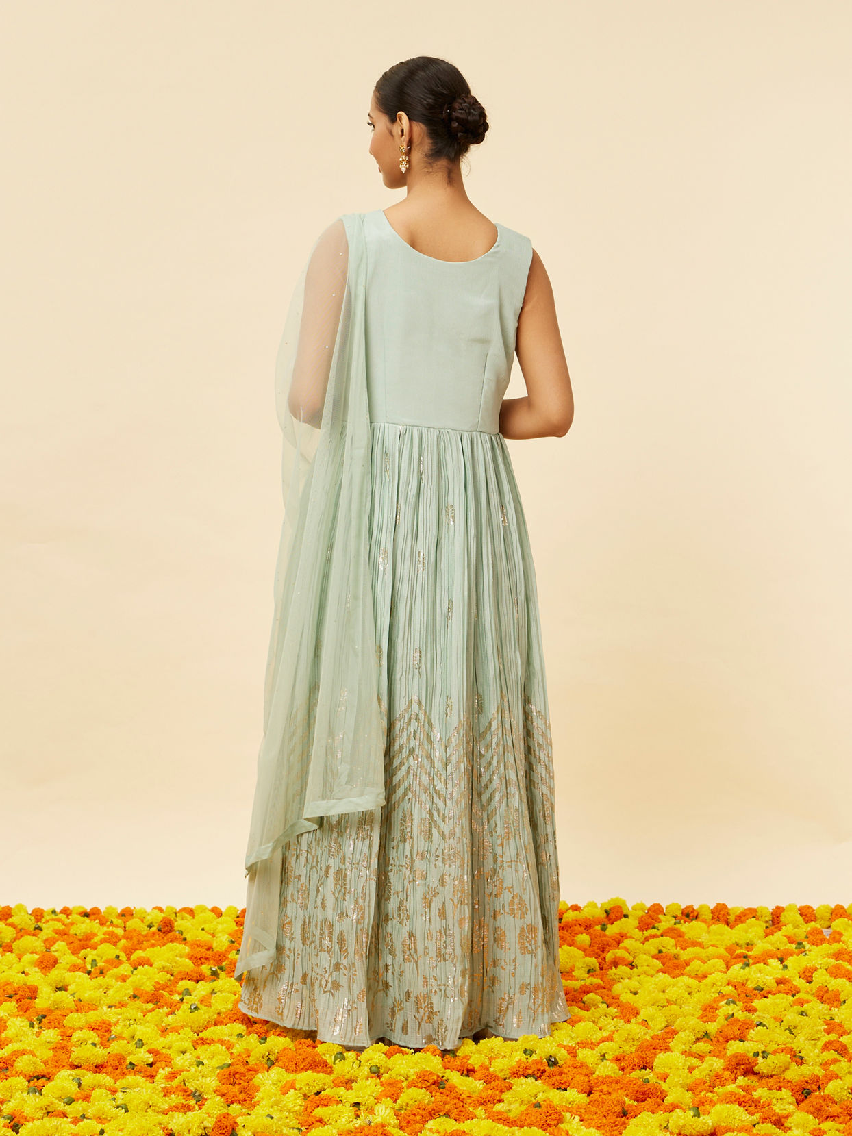 Mohey Women Sea Green Foiled Gold Print Anarkali Suit