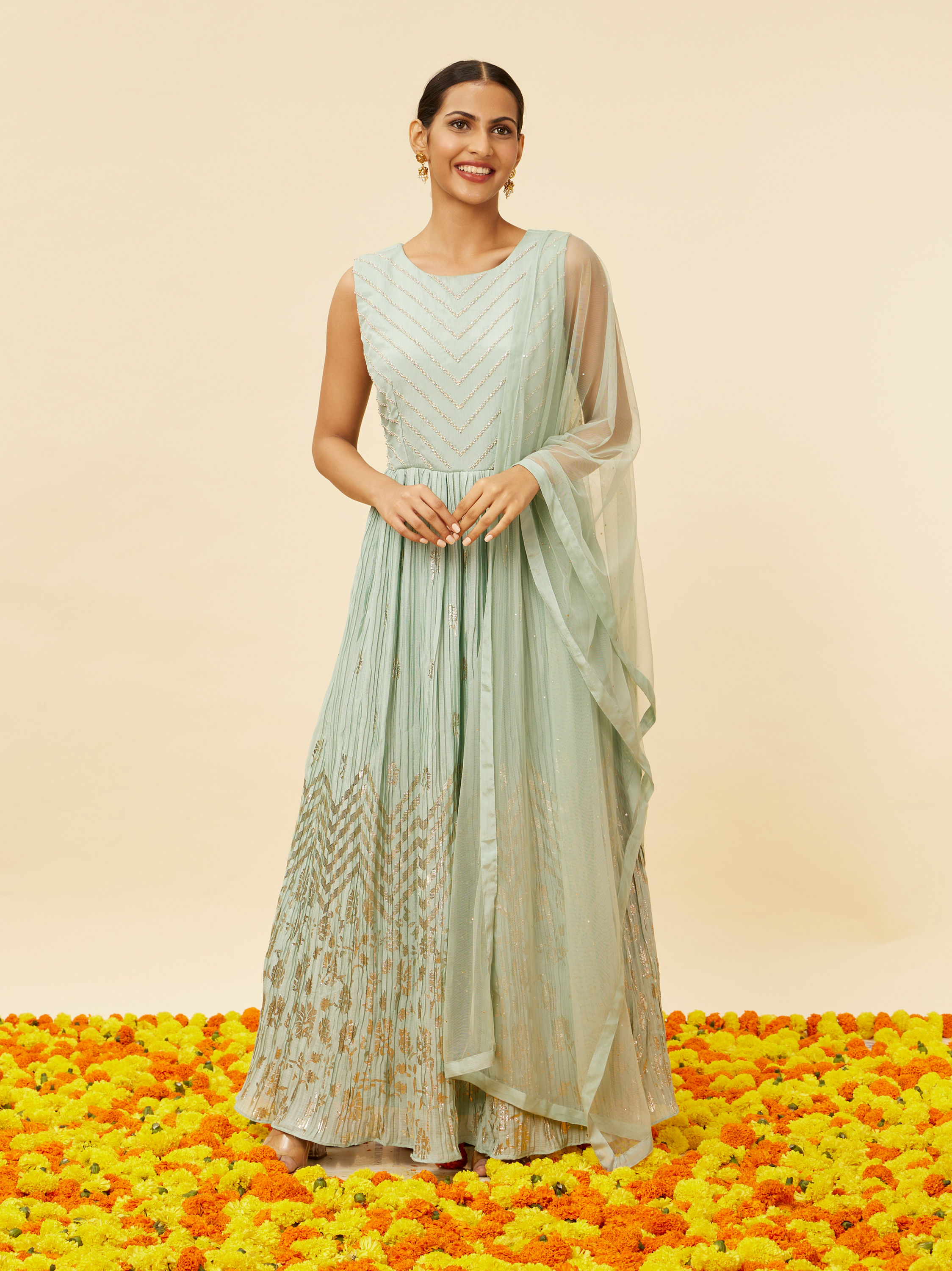 Mohey Women Sea Green Foiled Gold Print Anarkali Suit