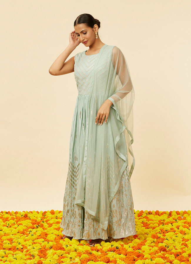 Mohey Women Sea Green Foiled Gold Print Anarkali Suit