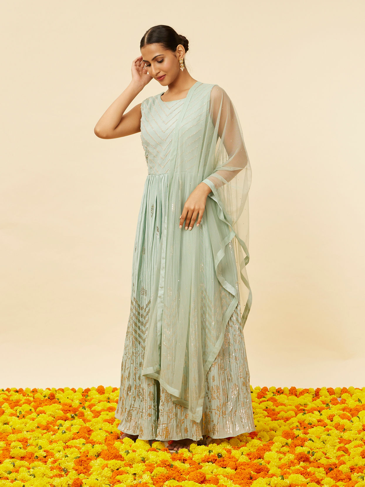 Mohey Women Sea Green Foiled Gold Print Anarkali Suit