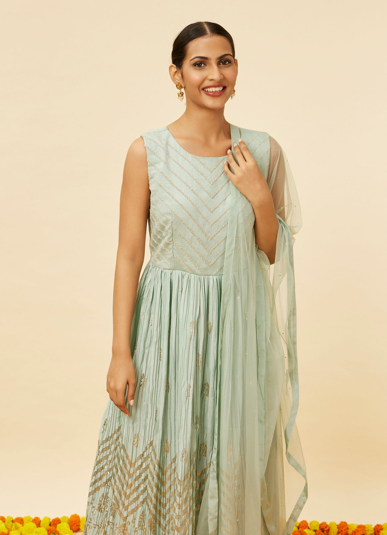 Mohey Women Sea Green Foiled Gold Print Anarkali Suit