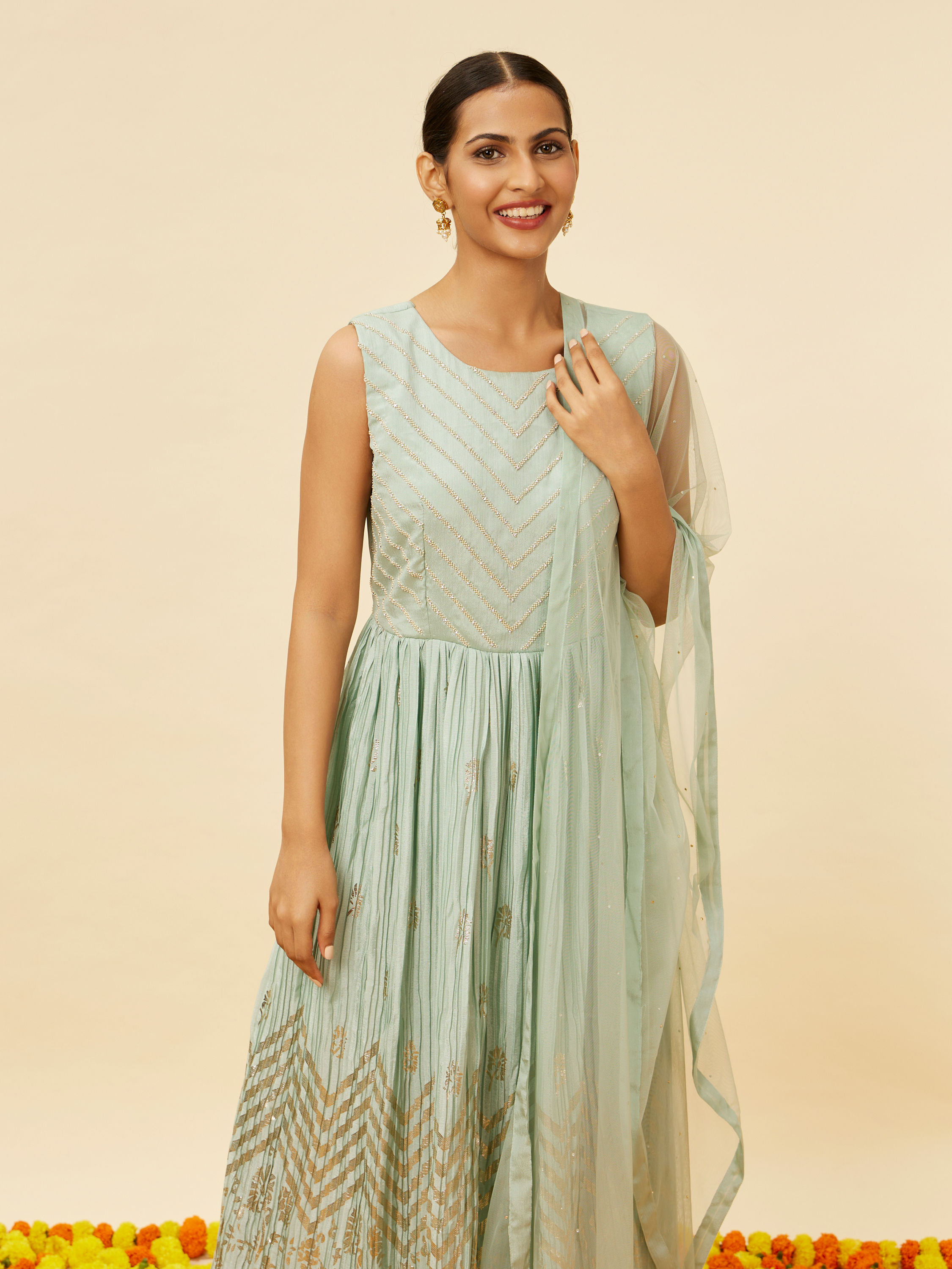 Mohey Women Sea Green Foiled Gold Print Anarkali Suit