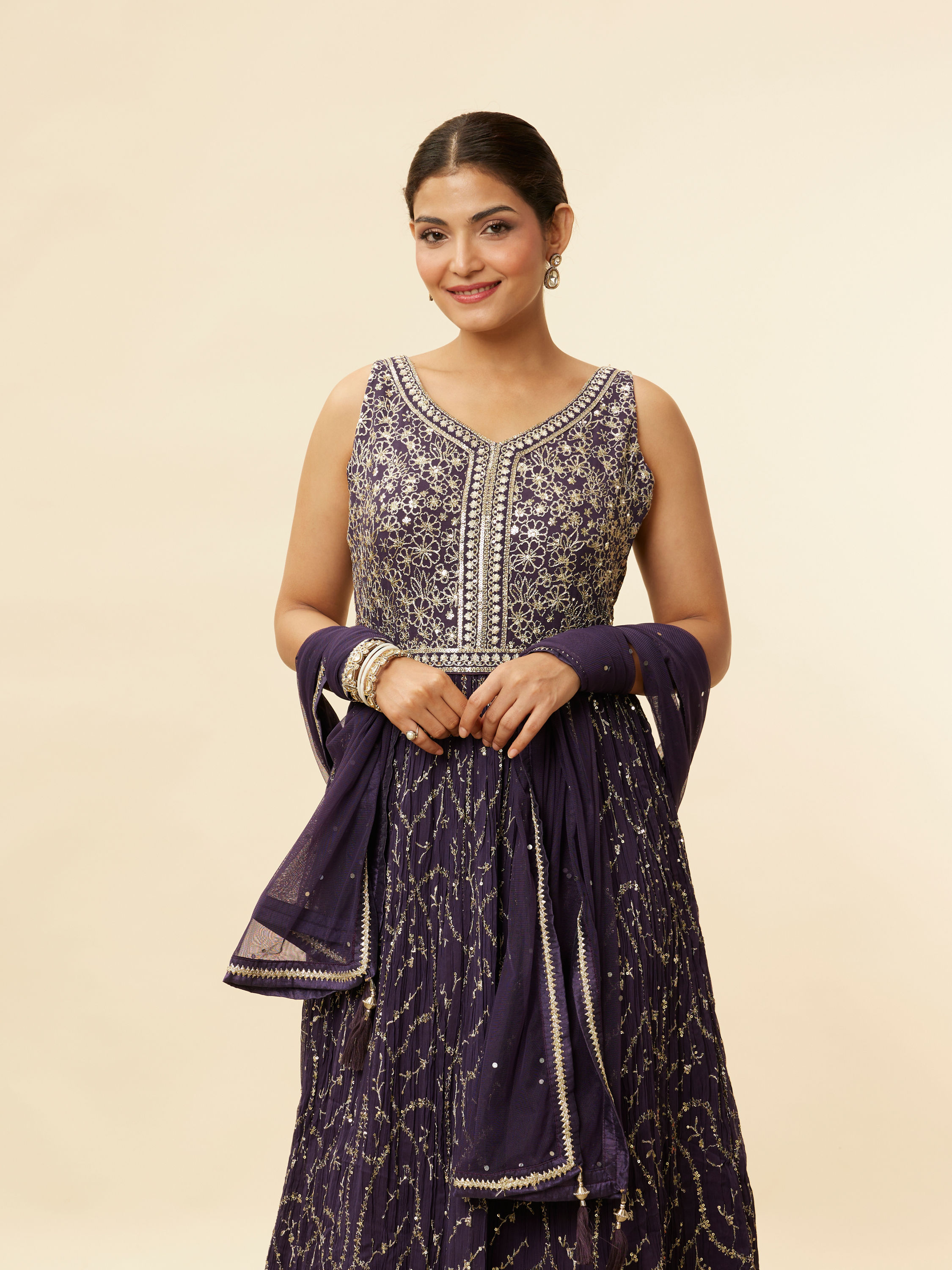 Mohey Women Grape Purple Embroidered Empire Line Anarkali Suit