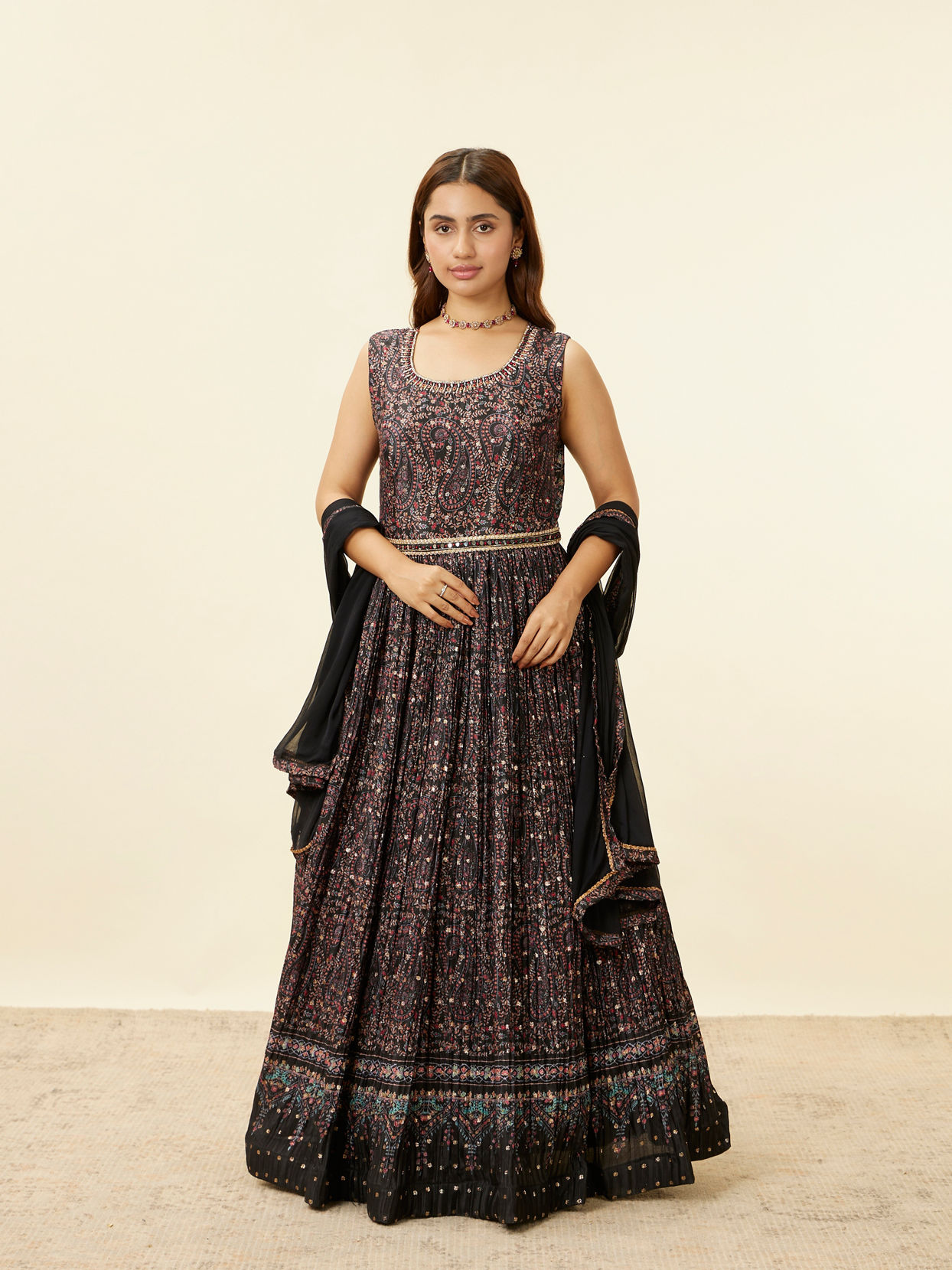 Mohey Women Kohl Black Paisley Embroidered Anarkali Suit
