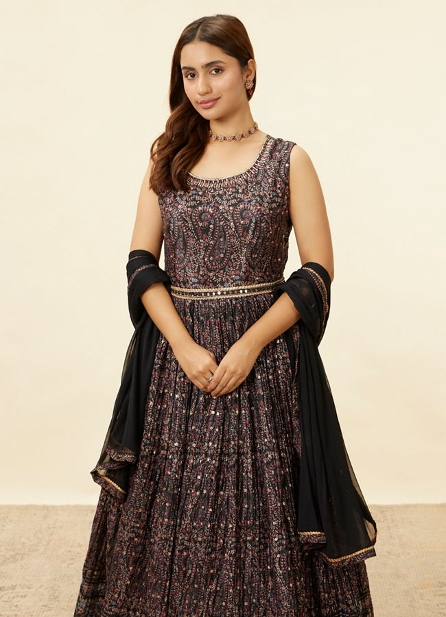 Mohey Women Kohl Black Paisley Embroidered Anarkali Suit