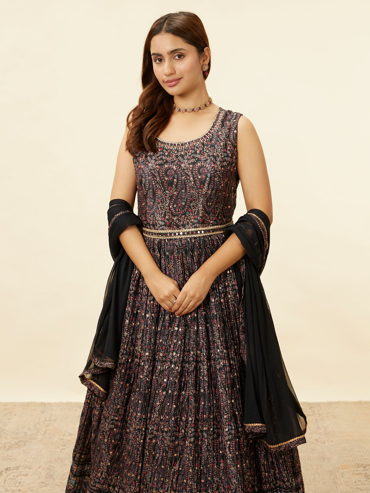 Mohey Women Kohl Black Paisley Embroidered Anarkali Suit