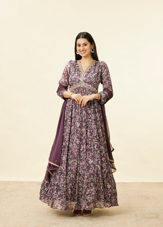 Mohey Women Jamun Purple Floral Print Anarkali Suit