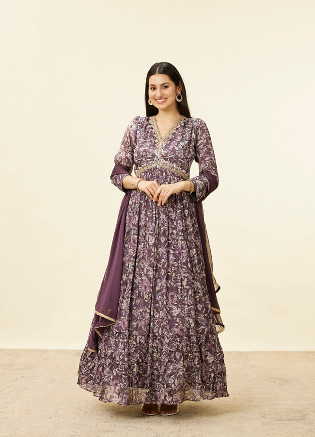 alt message - Mohey Women Jamun Purple Floral Print Long Suit image number 0