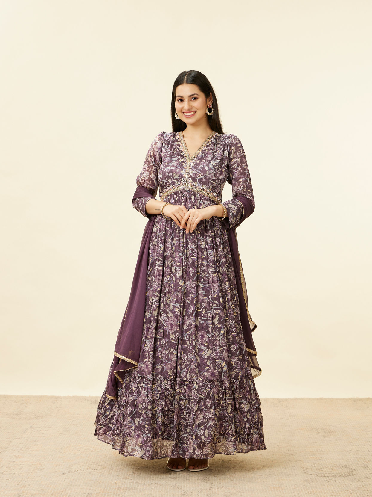 alt message - Mohey Women Jamun Purple Floral Print Long Suit image number 0