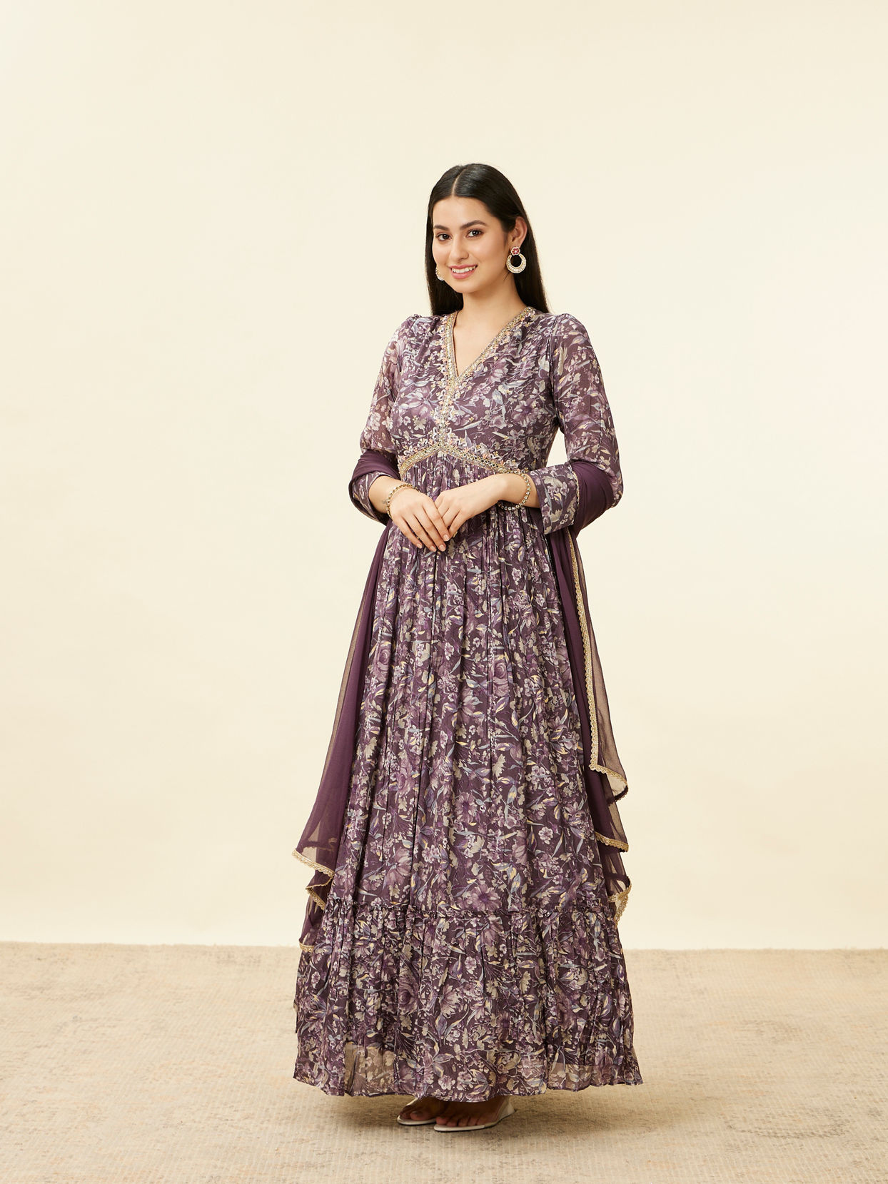 Mohey Women Jamun Purple Floral Print Anarkali Suit