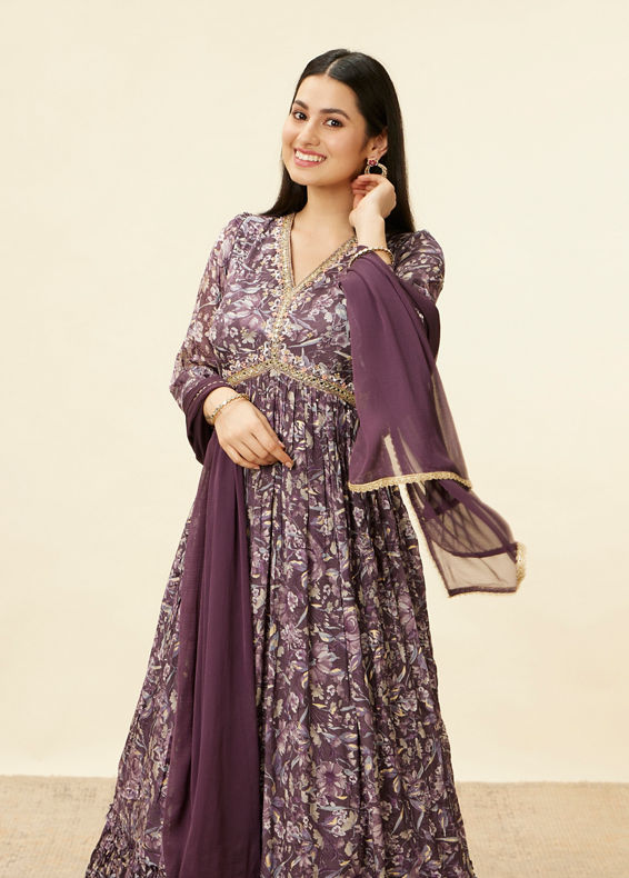 Mohey Women Jamun Purple Floral Print Anarkali Suit