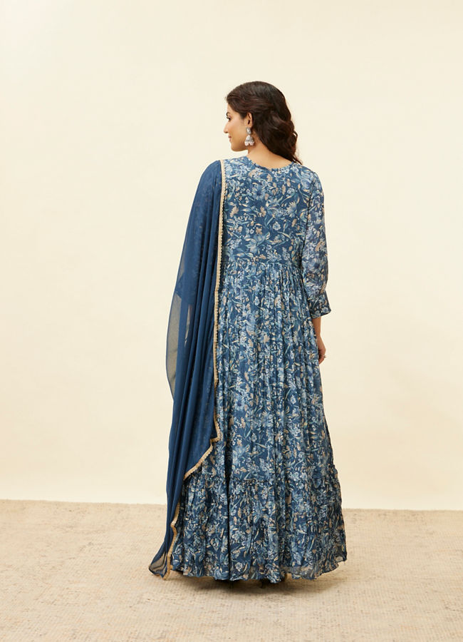 Mohey Women Blue Grey Floral Print Anarkali Suit