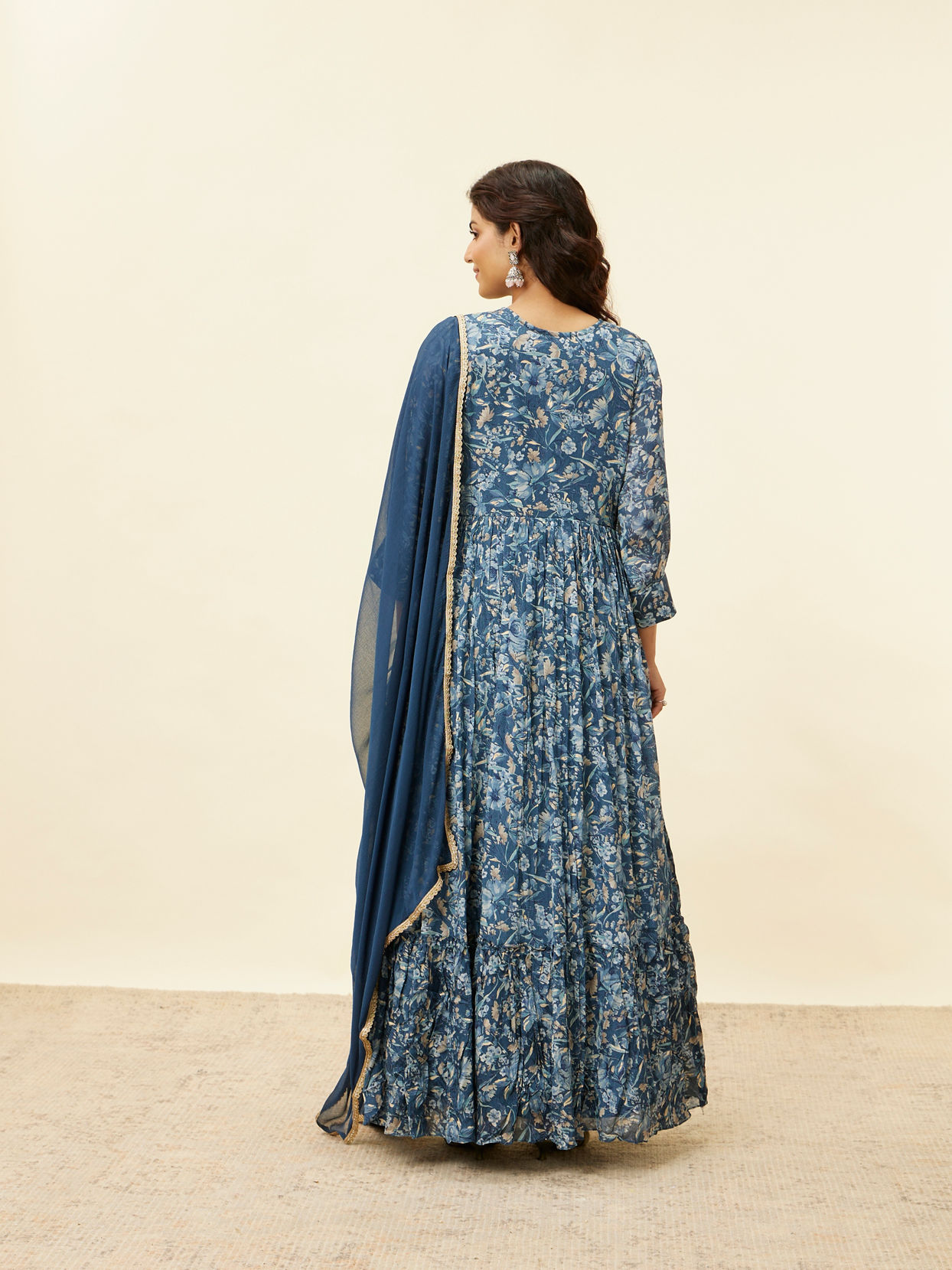 Mohey Women Blue Grey Floral Print Anarkali Suit