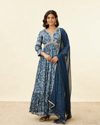 Mohey Women Blue Grey Floral Print Anarkali Suit