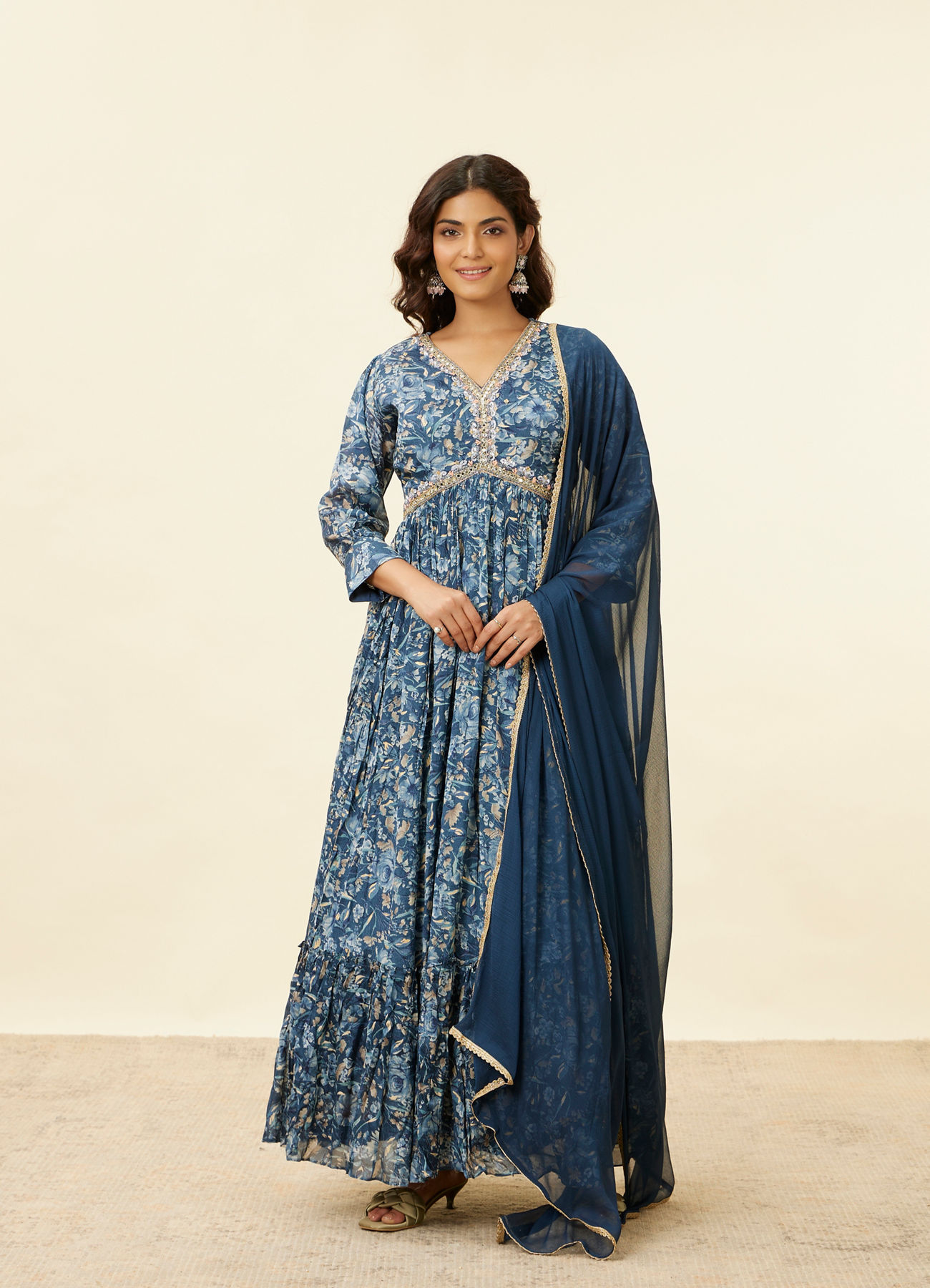 Mohey Women Blue Grey Floral Print Anarkali Suit