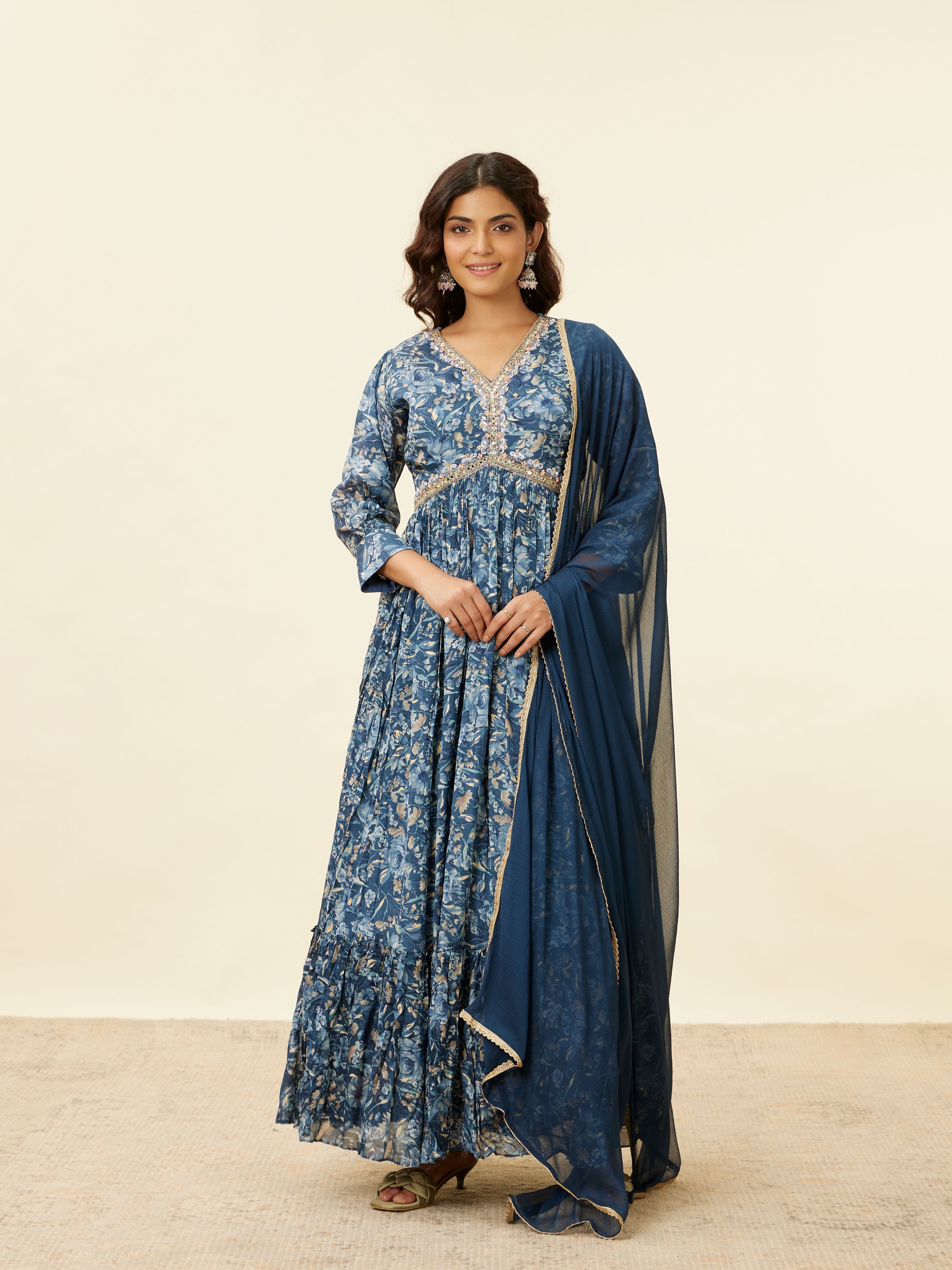 Mohey Women Blue Grey Floral Print Anarkali Suit