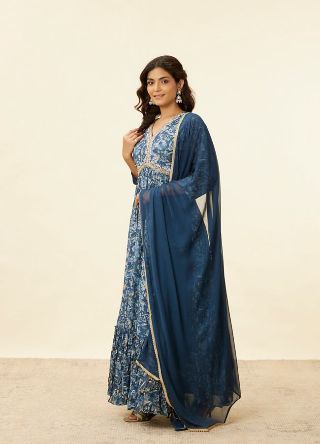 Mohey Women Blue Grey Floral Print Anarkali Suit