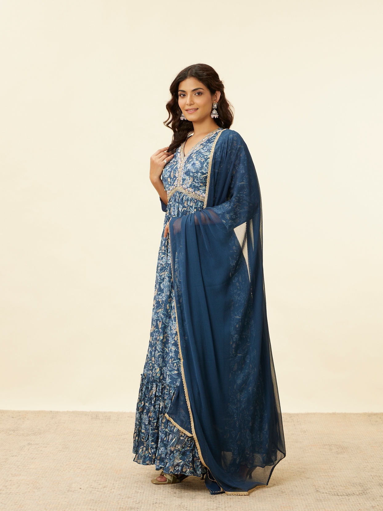 Mohey Women Blue Grey Floral Print Anarkali Suit