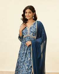Mohey Women Blue Grey Floral Print Anarkali Suit
