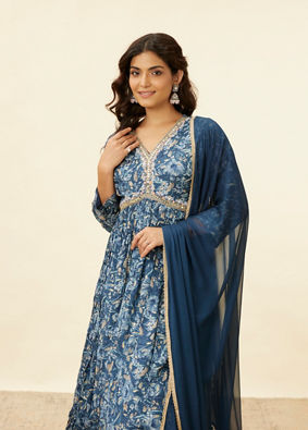 Mohey Women Blue Grey Floral Print Anarkali Suit