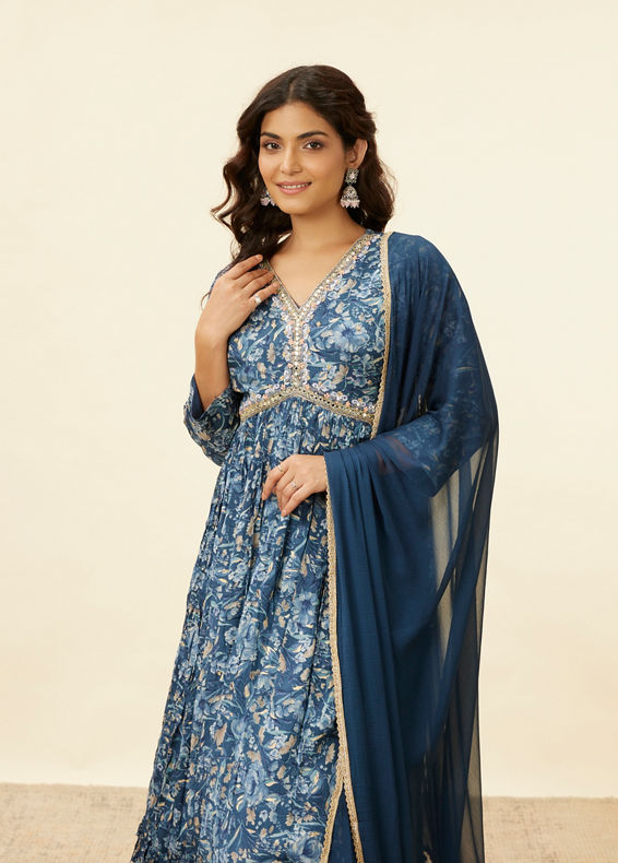 Mohey Women Blue Grey Floral Print Anarkali Suit