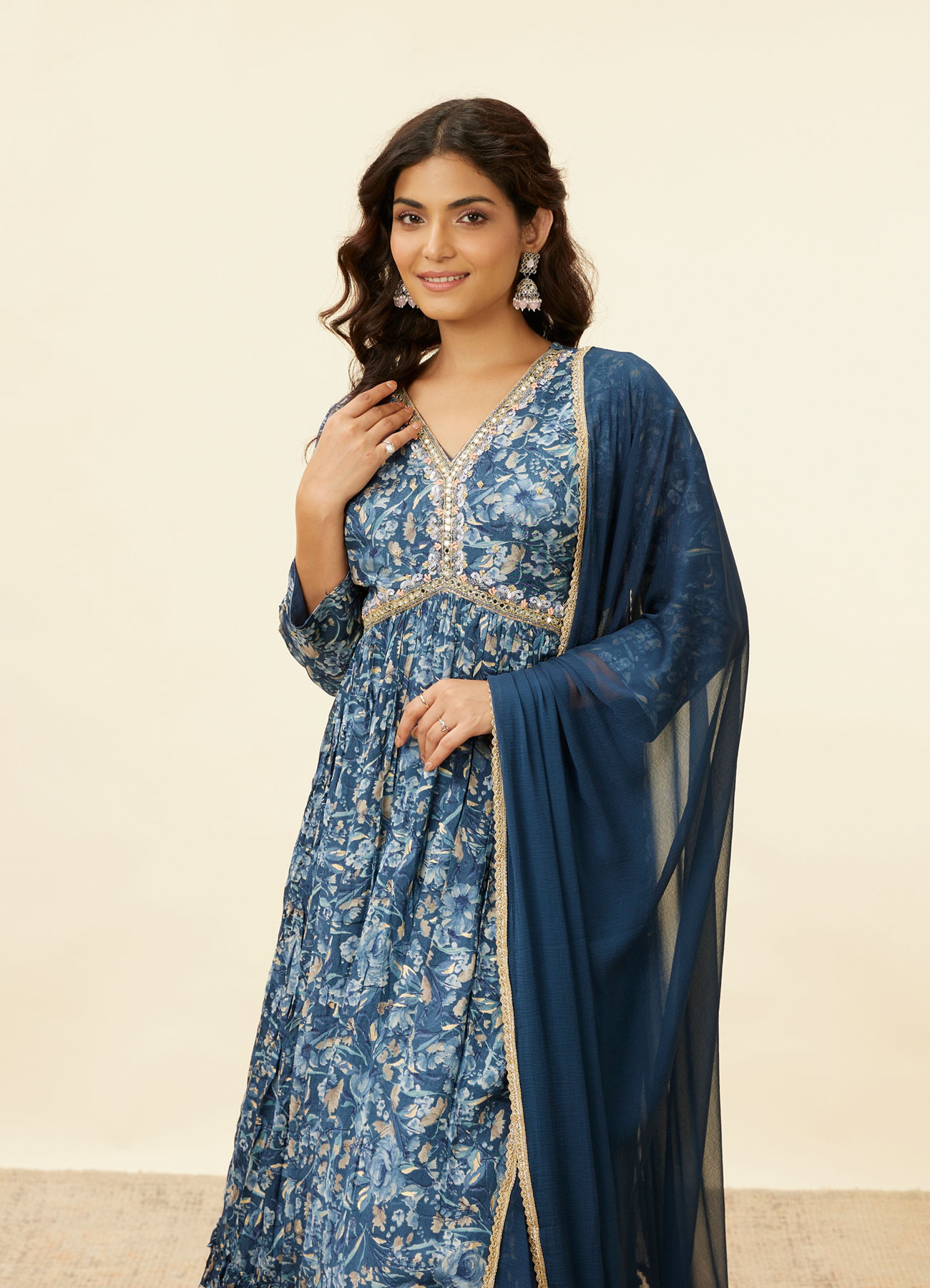 Mohey Women Blue Grey Floral Print Anarkali Suit
