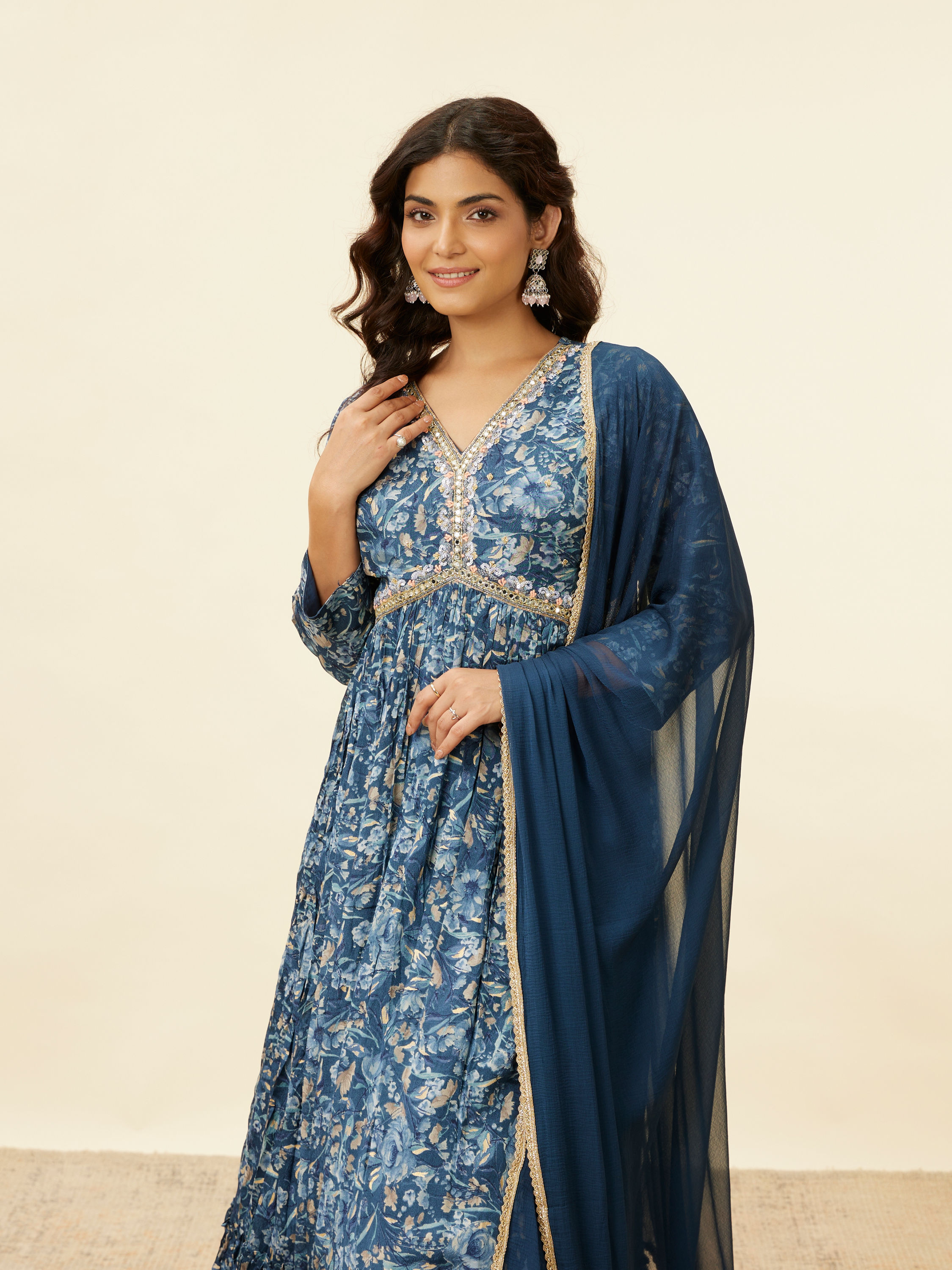 Mohey Women Blue Grey Floral Print Anarkali Suit