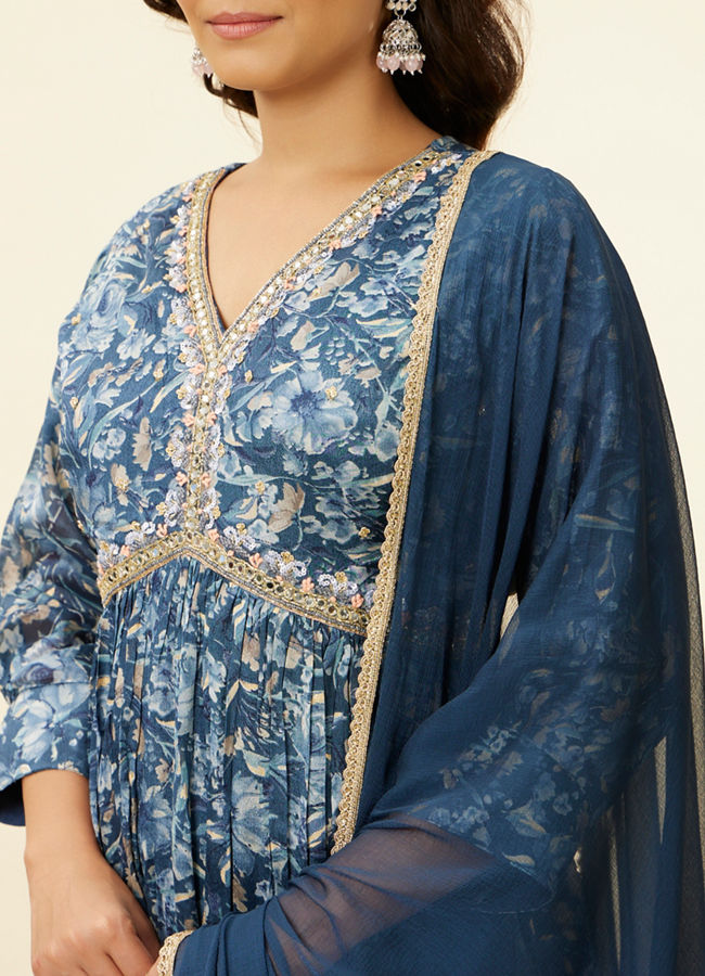 Mohey Women Blue Grey Floral Print Anarkali Suit