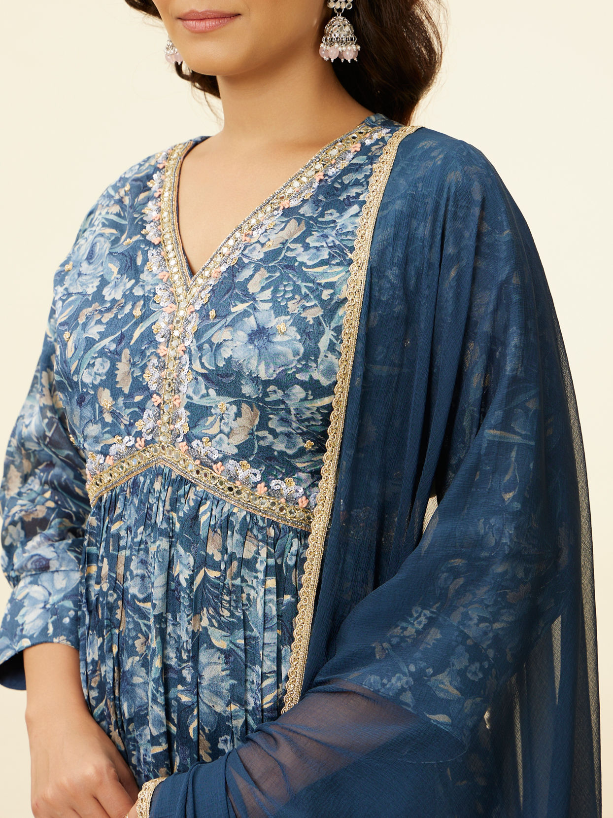 Mohey Women Blue Grey Floral Print Anarkali Suit