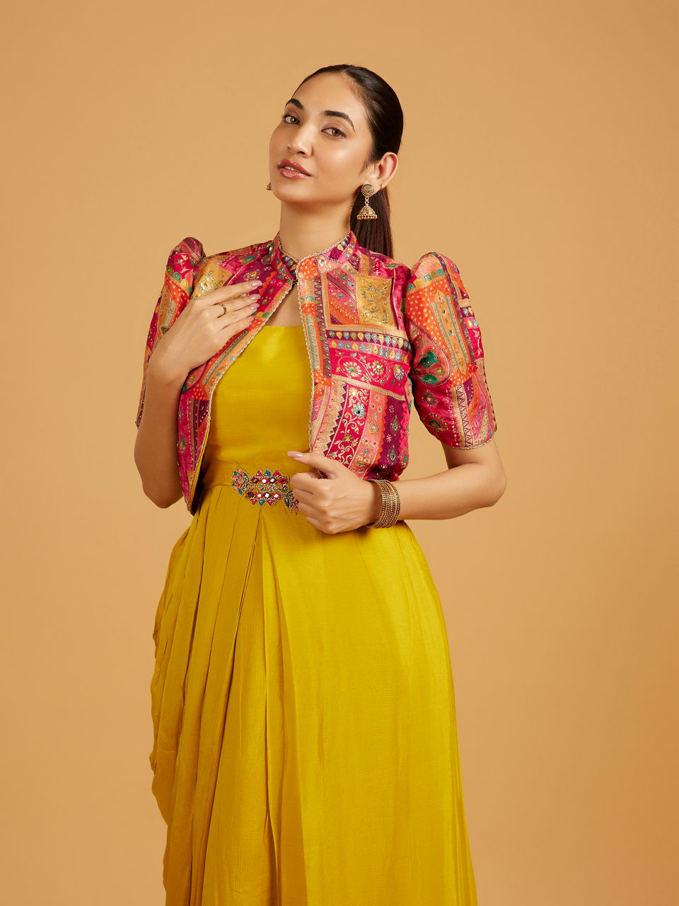Mohey Women Mustard Yellow Indo Western with Aztec Printed Cape
